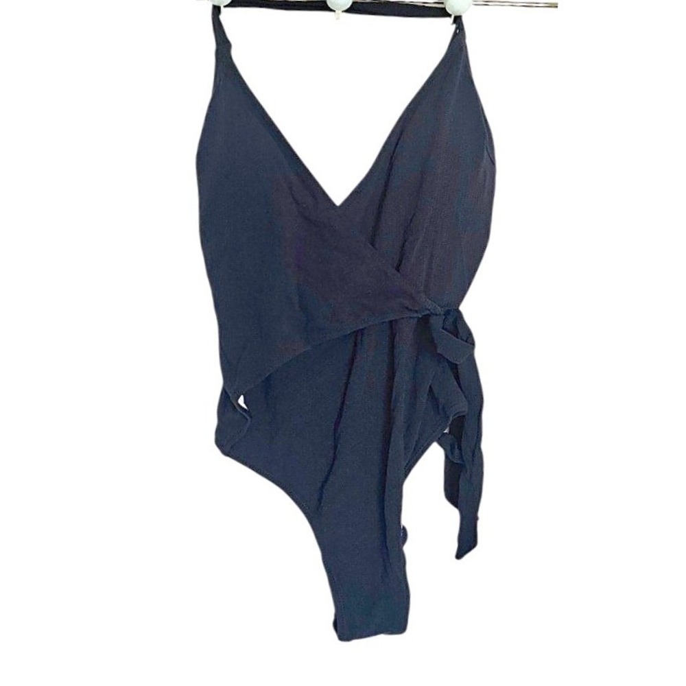 Cupshe Wrap One Piece Swimsuit Small Navy Blue Textured Side Tie adjustable NWT